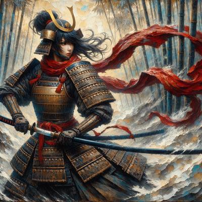 The primary subject of the image is a woman dressed in a samurai outfit, holding two swords. She is standing in front of a backdrop of trees, which adds to the overall atmosphere of the scene. The visual style of the image is a painting, which gives it a more artistic and detailed appearance. The colors used in the painting are predominantly dark, with the woman's outfit and the trees being the main focus of the image.